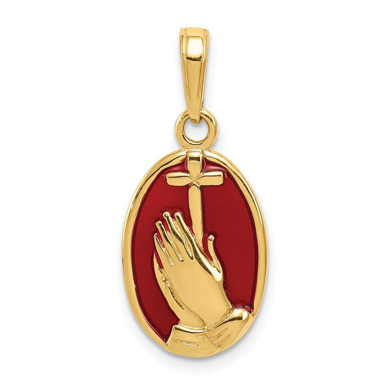 14K Gelbgold Anhänger mit betenden Händen und Kreuz mit roter Emaille