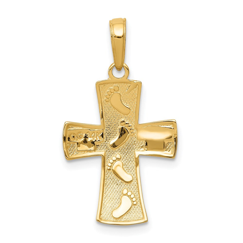 14K Gelbgold mit Rhodium-Fußabdrücke-Kreuzanhänger, rhodiniert