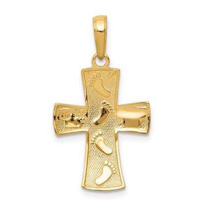 14K Gelbgold mit Rhodium-Fußabdrücke-Kreuzanhänger, rhodiniert