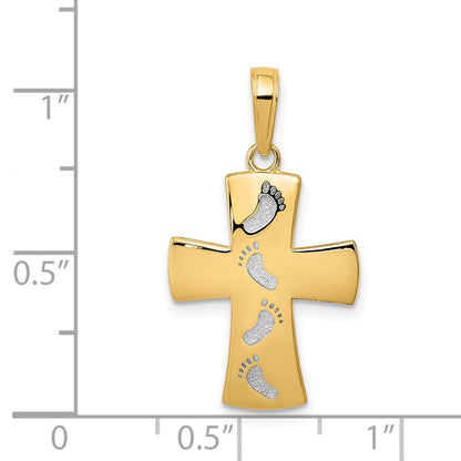 14K Gelbgold mit Rhodium-Fußabdrücke-Kreuzanhänger, rhodiniert