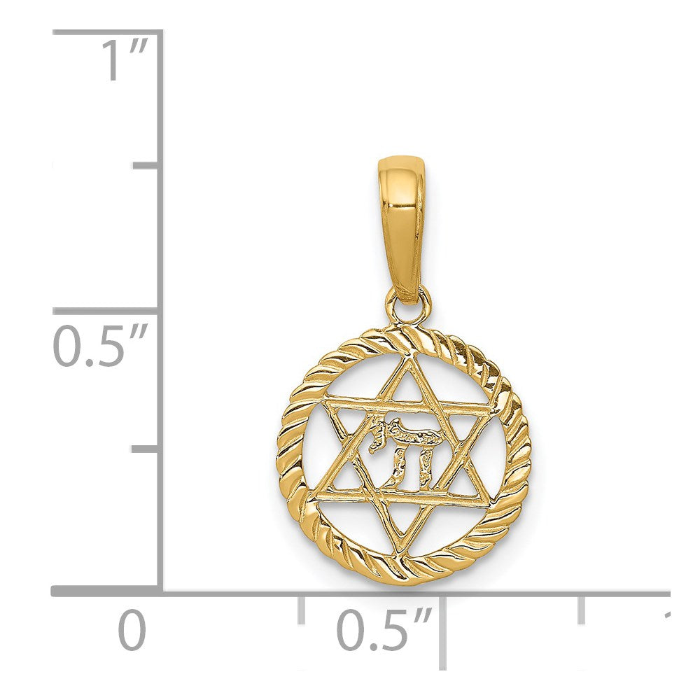 14K Gelbgold Stern Of David und Chai in Kreis Anhänger