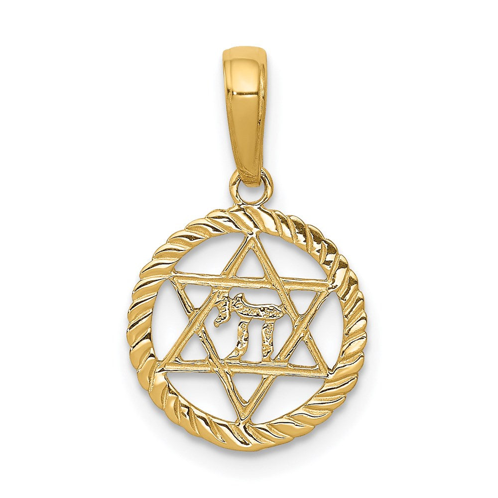 14K Gelbgold Stern Of David und Chai in Kreis Anhänger