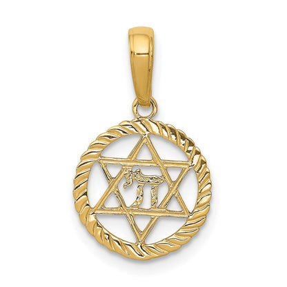 14K Gelbgold Stern Of David und Chai in Kreis Anhänger