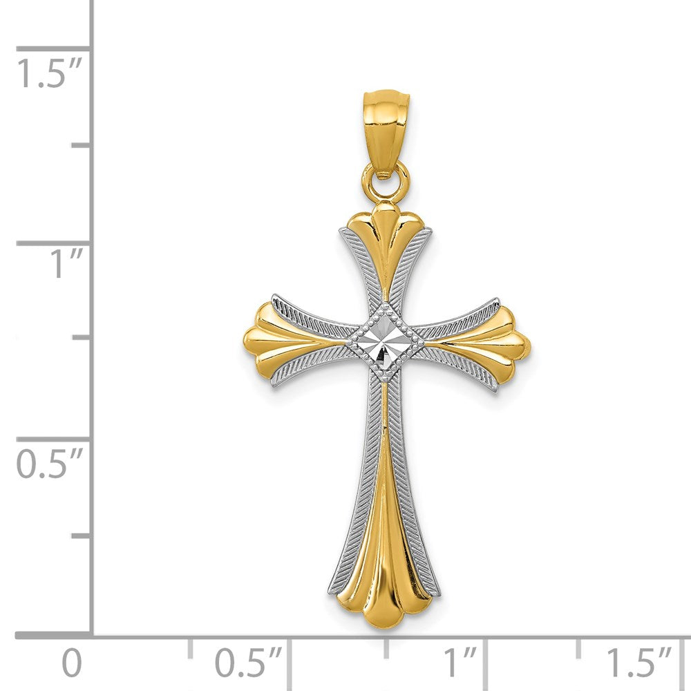 14K Gelb & Rhodium Diamantiert Knospend Kreuz Anhänger