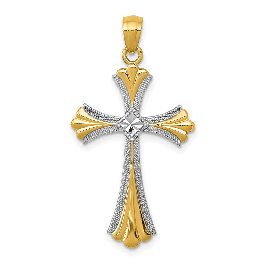 14K Gelb & Rhodium Diamantiert Knospend Kreuz Anhänger