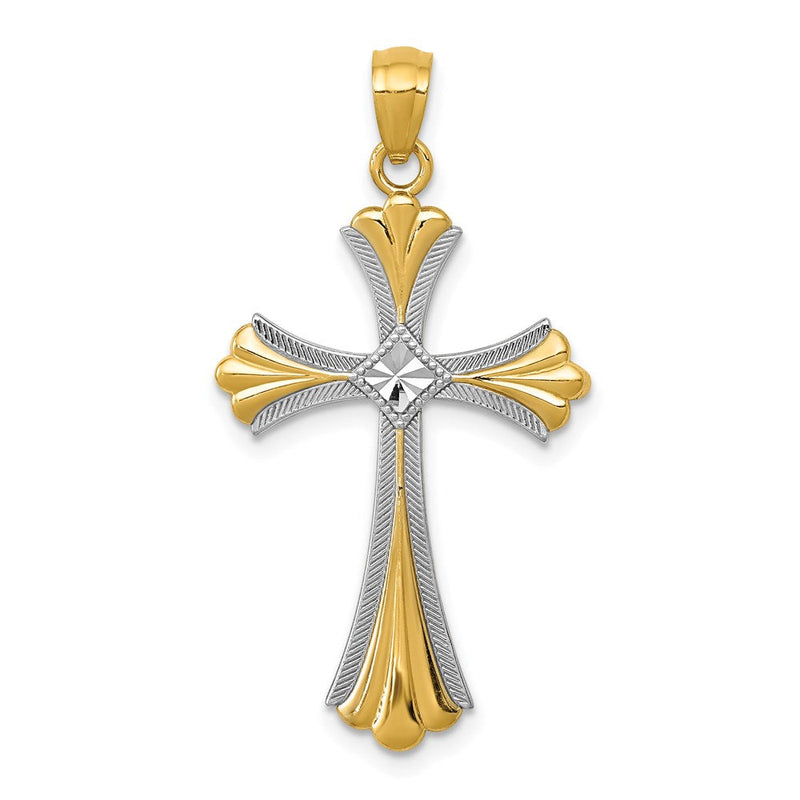 14K Gelb & Rhodium Diamantiert Knospend Kreuz Anhänger