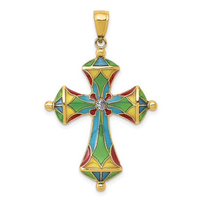14K Gelbgold Kreuz-Anhänger mit mehrfarbiger Emaille