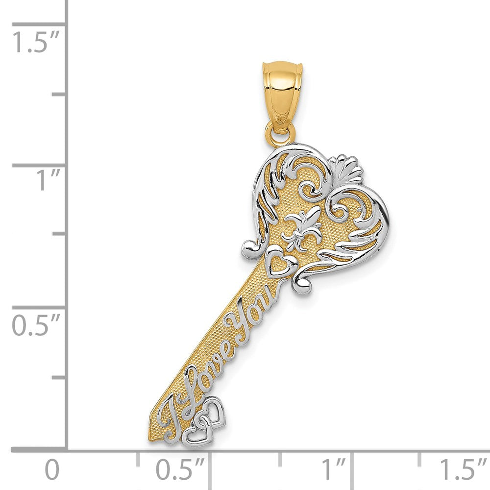 14K Gelb- und Rhodiumgold mit Weißrhodium, poliert, „I LOVE YOU“ Filigran-Herz-Schlüssel-Charm