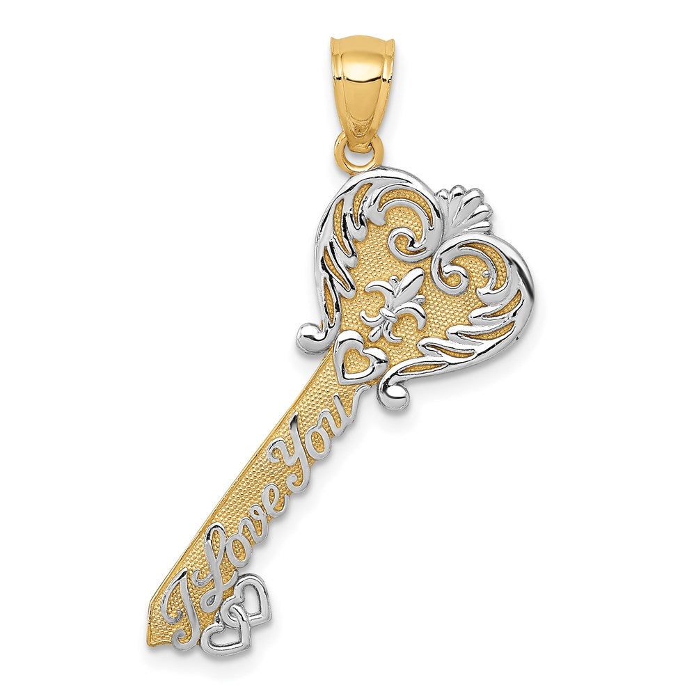 14K Gelb- und Rhodiumgold mit Weißrhodium, poliert, „I LOVE YOU“ Filigran-Herz-Schlüssel-Charm