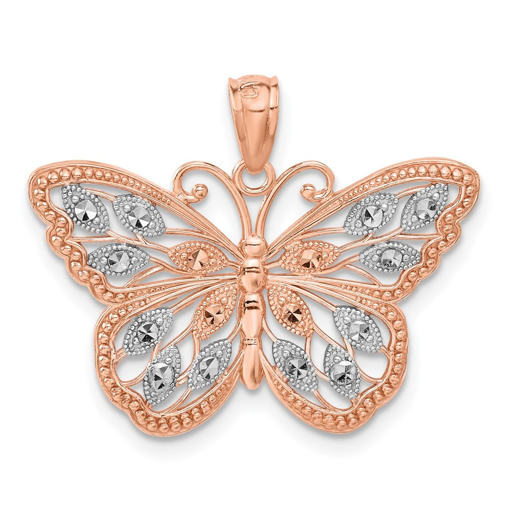 14K Roségold mit Rhodium diamantgeschliffener Schmetterlings-Anhänger