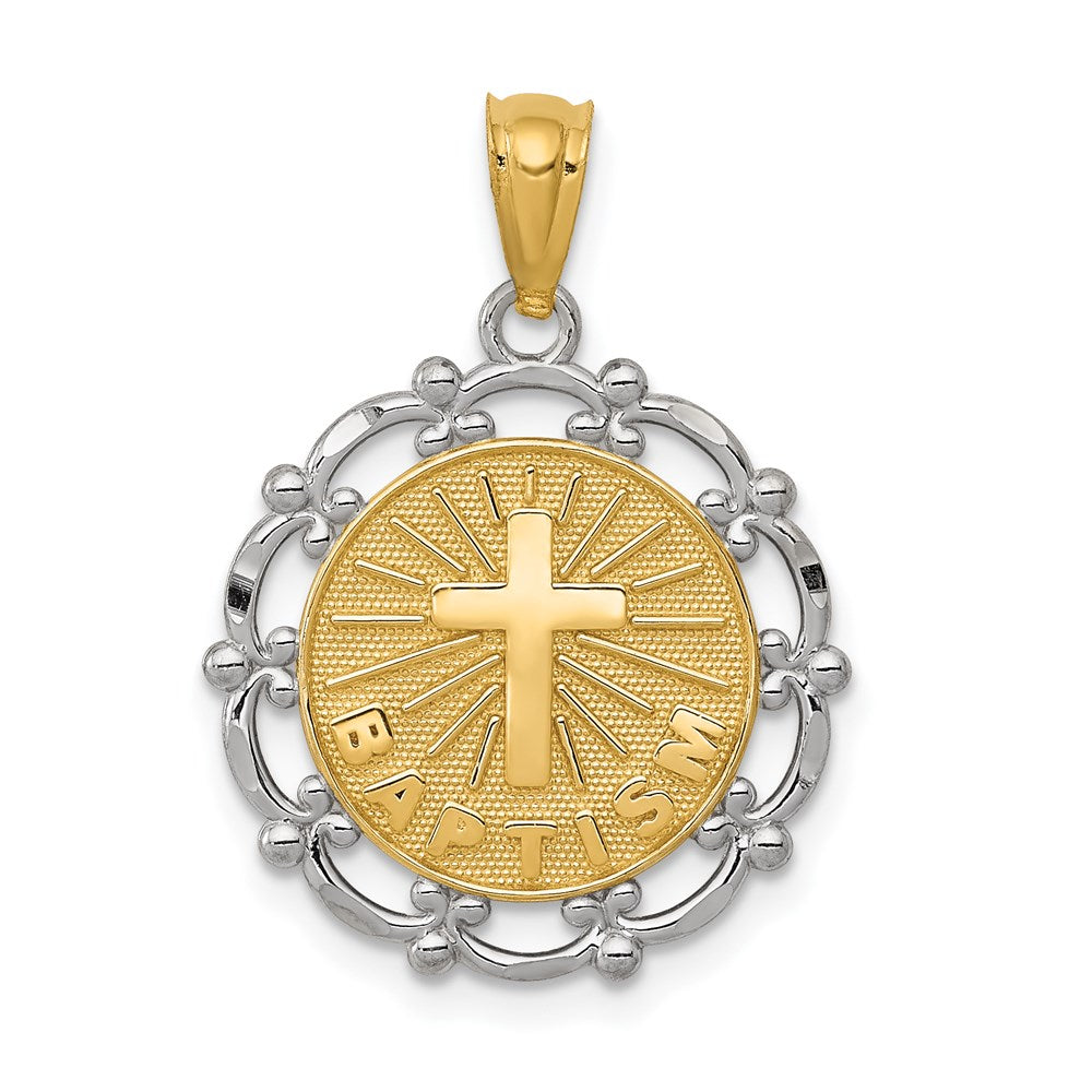 14K Gelb & Rhodium mit Rhodium Taufe Anhänger