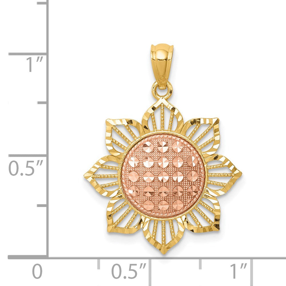 14K Bicolor Gold diamantiert geschliffener Sonnenblumen-Anhänger