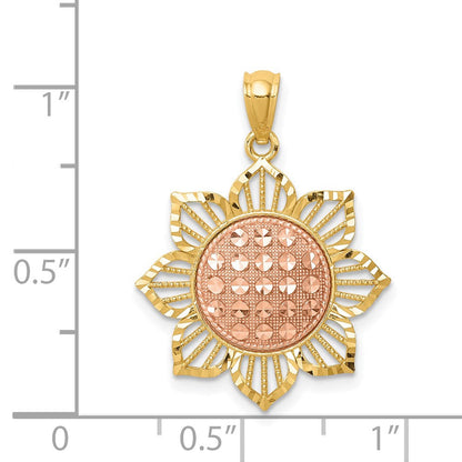 14K Bicolor Gold diamantiert geschliffener Sonnenblumen-Anhänger