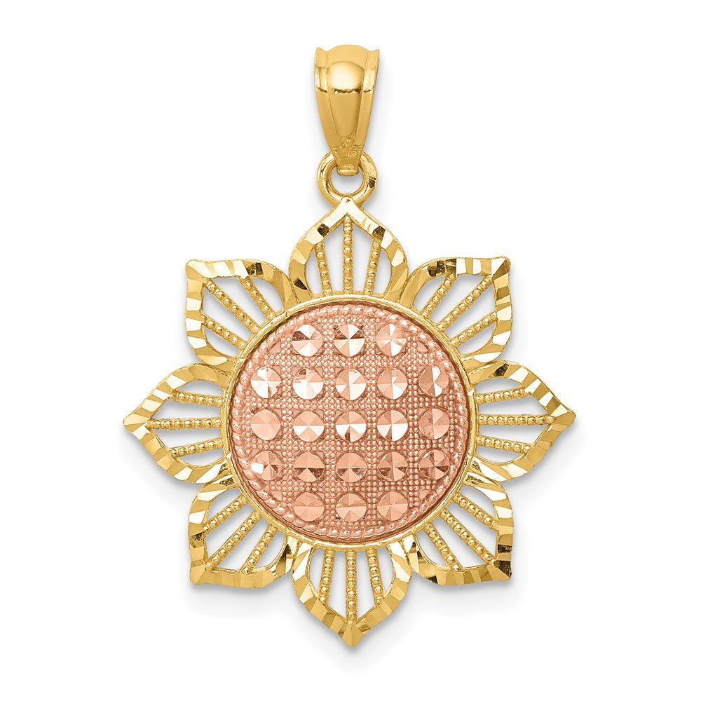 14K Bicolor Gold diamantiert geschliffener Sonnenblumen-Anhänger