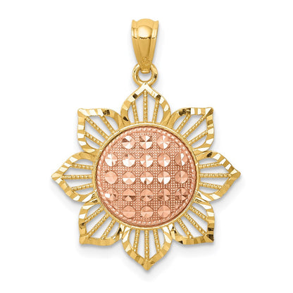 14K Bicolor Gold diamantiert geschliffener Sonnenblumen-Anhänger