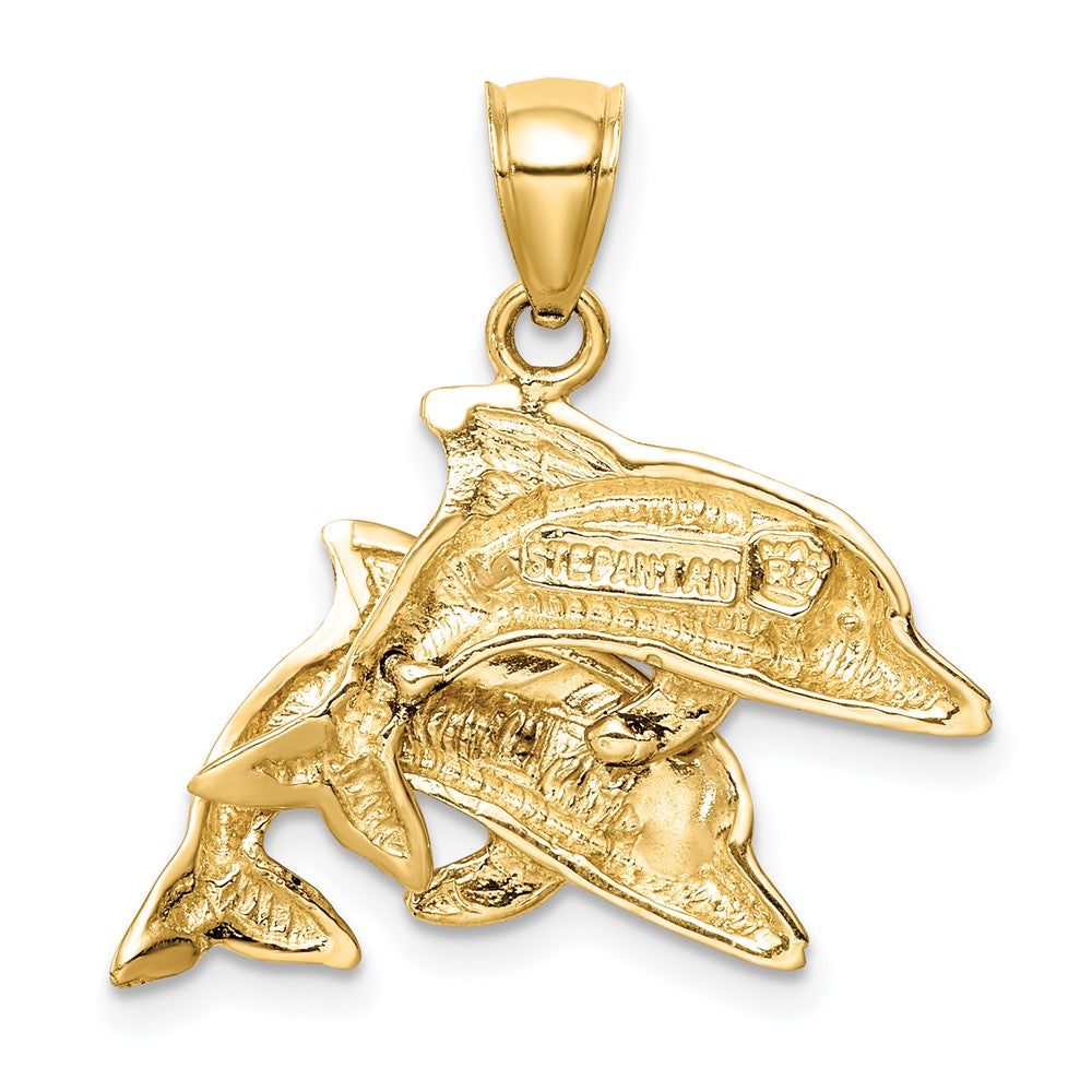 14K Gelbgold Doppel-Delfin-Anhänger mit im Labor gezüchtetem Opal
