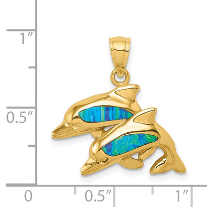 14K Gelbgold Doppel-Delfin-Anhänger mit im Labor gezüchtetem Opal