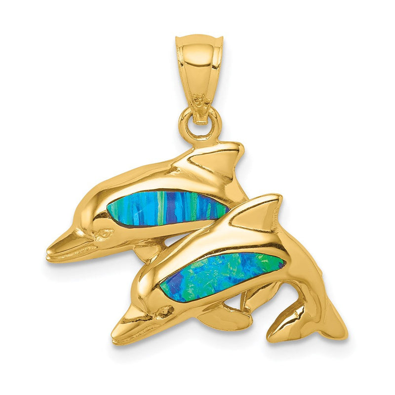 14K Gelbgold Doppel-Delfin-Anhänger mit im Labor gezüchtetem Opal