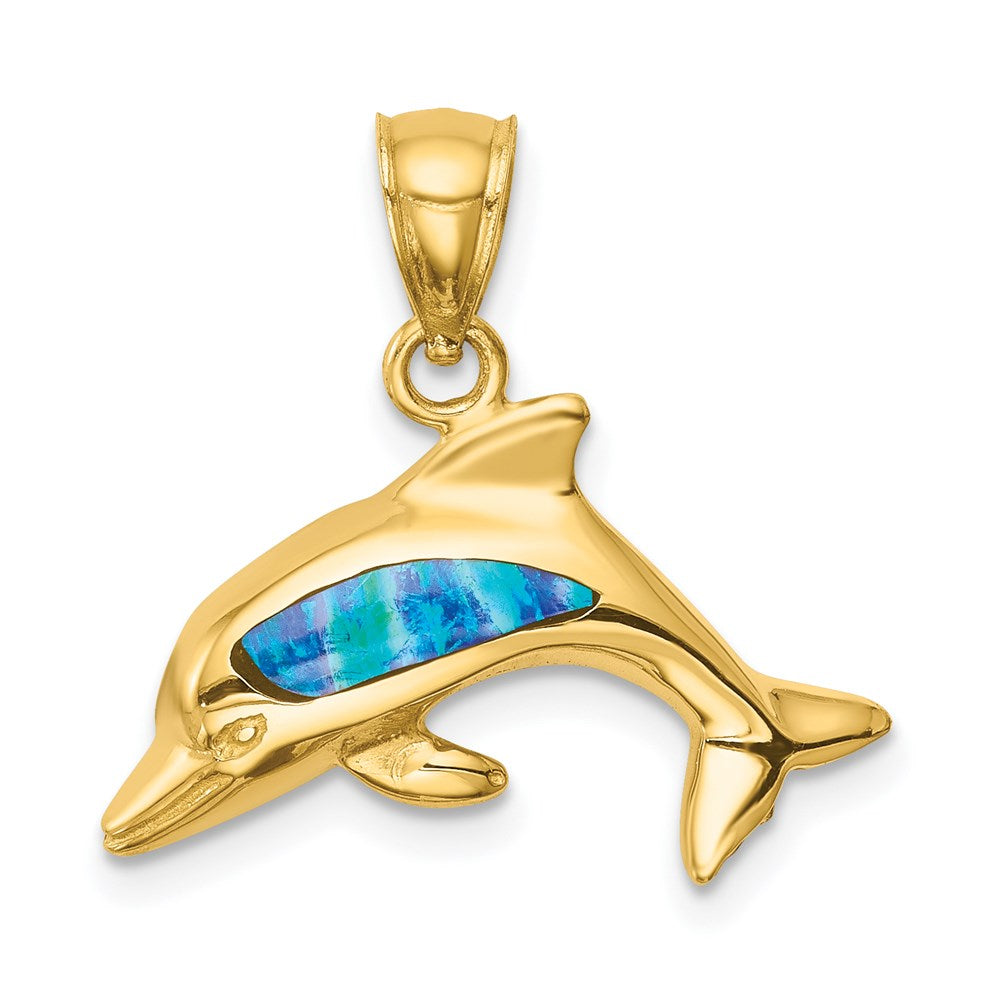 14K Gelbgold Delphin-Anhänger mit im Labor gezüchtetem Opal