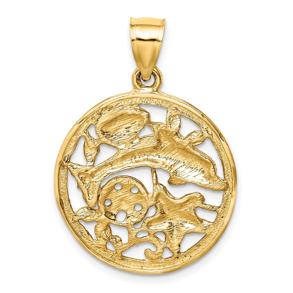14K Gelbgold Diamant-geschliffener Delfin- und Muschel-Kreis-Anhänger