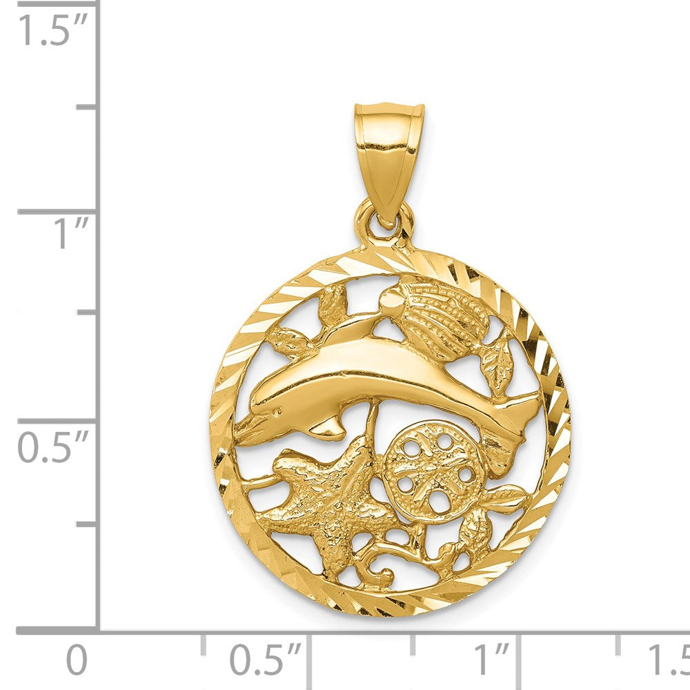 14K Gelbgold Diamant-geschliffener Delfin- und Muschel-Kreis-Anhänger
