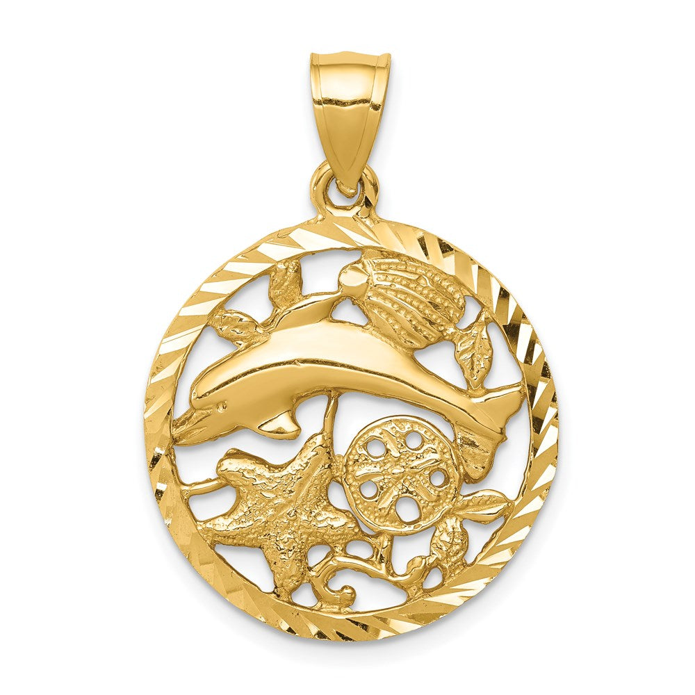 14K Gelbgold Diamant-geschliffener Delfin- und Muschel-Kreis-Anhänger