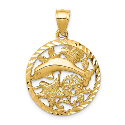 14K Gelbgold Diamant-geschliffener Delfin- und Muschel-Kreis-Anhänger