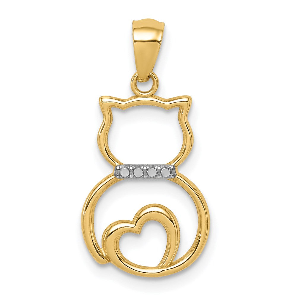 14K Gelb & Rhodium Weiß Diamantiert Sitting Katze Anhänger