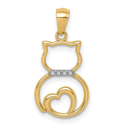 14K Gelb & Rhodium Weiß Diamantiert Sitting Katze Anhänger