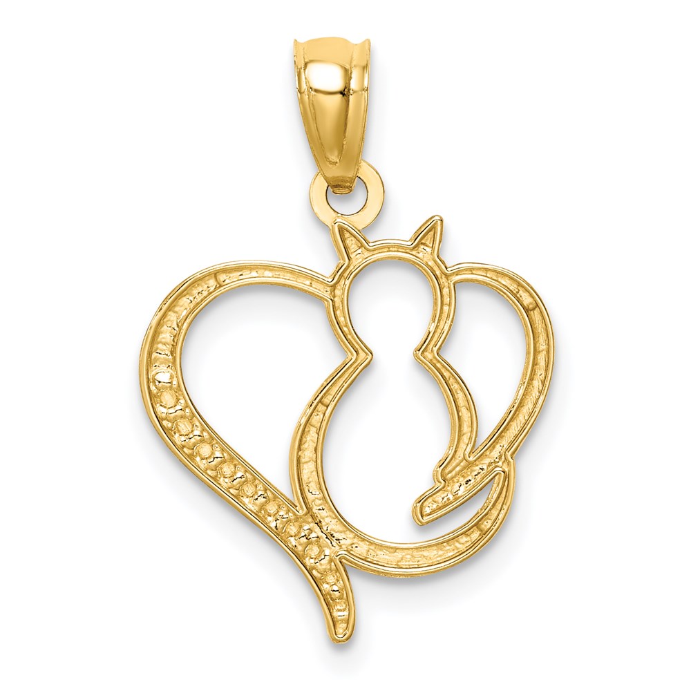 14K Gelb & Rhodium Weiß Sitting Katze in A Herz Anhänger