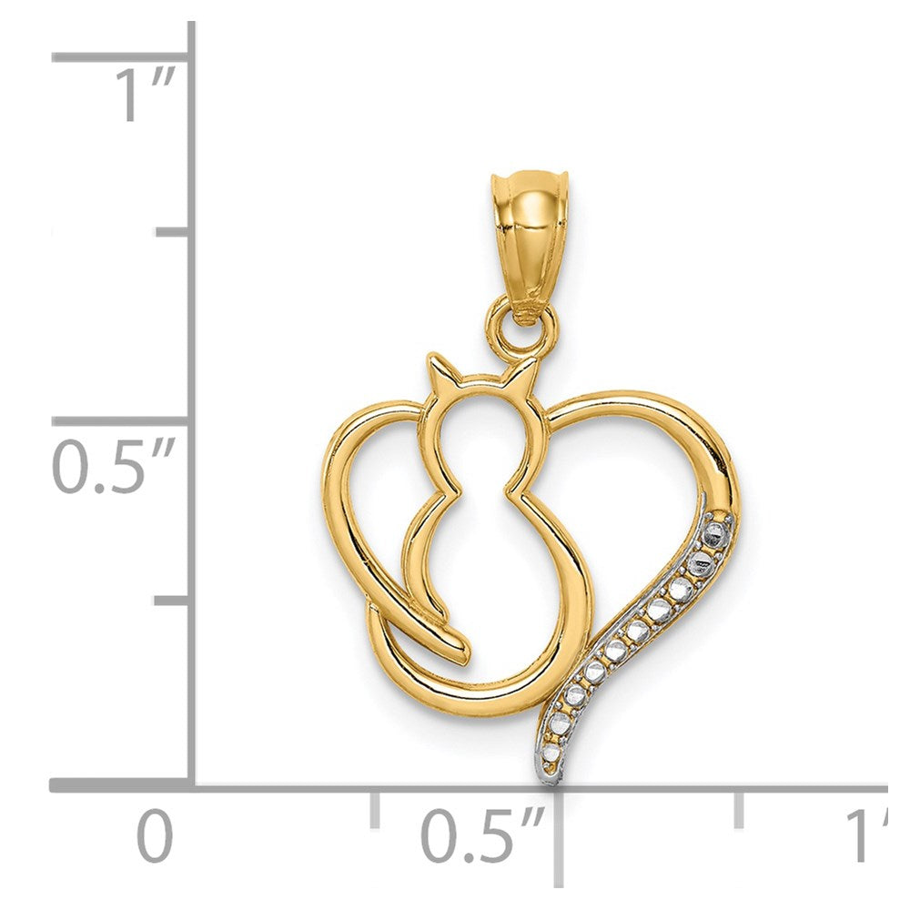 14K Gelb & Rhodium Weiß Sitting Katze in A Herz Anhänger