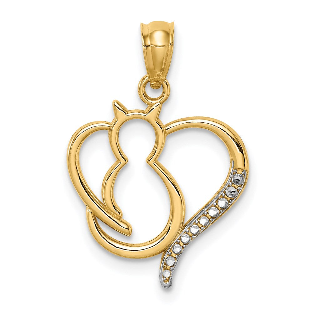 14K Gelb & Rhodium Weiß Sitting Katze in A Herz Anhänger