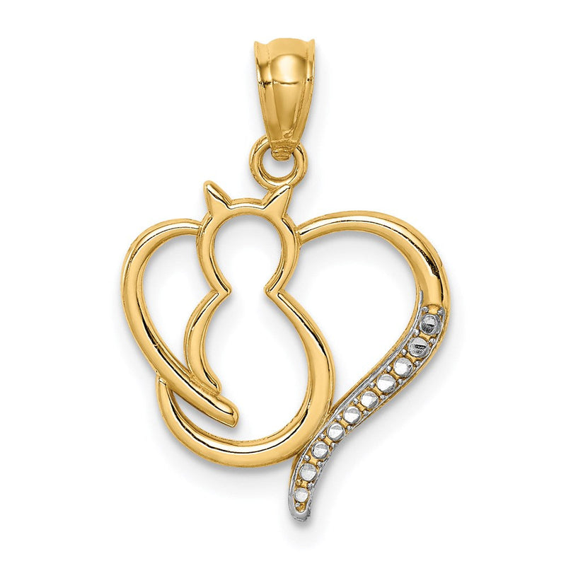 14K Gelb & Rhodium Weiß Sitting Katze in A Herz Anhänger