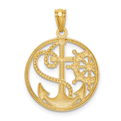 14K Gelb- und Rhodiumgold Anhänger mit Kreuz, Anker und Steuerrad, rhodiniert