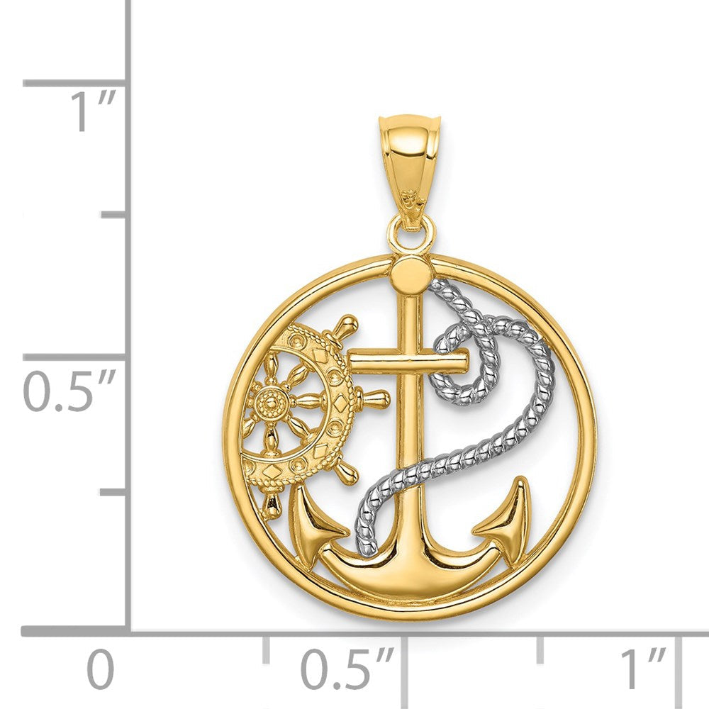 14K Gelb- und Rhodiumgold Anhänger mit Kreuz, Anker und Steuerrad, rhodiniert