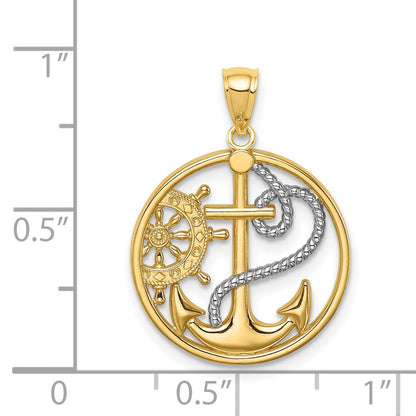 14K Gelb- und Rhodiumgold Anhänger mit Kreuz, Anker und Steuerrad, rhodiniert