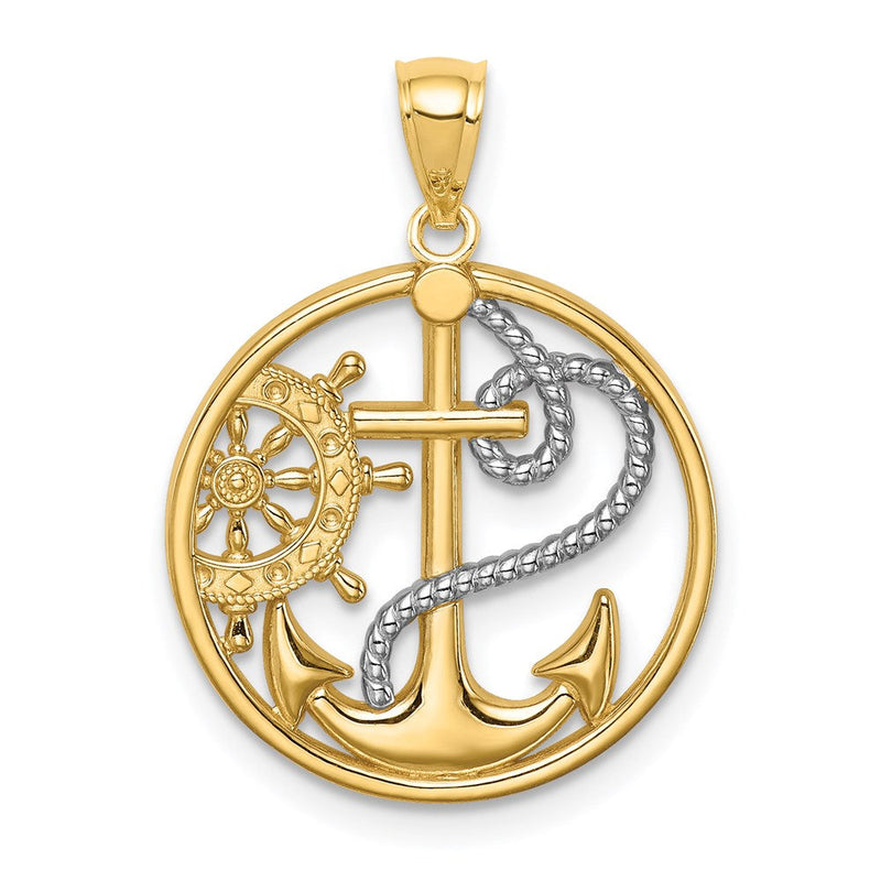 14K Gelb- und Rhodiumgold Anhänger mit Kreuz, Anker und Steuerrad, rhodiniert