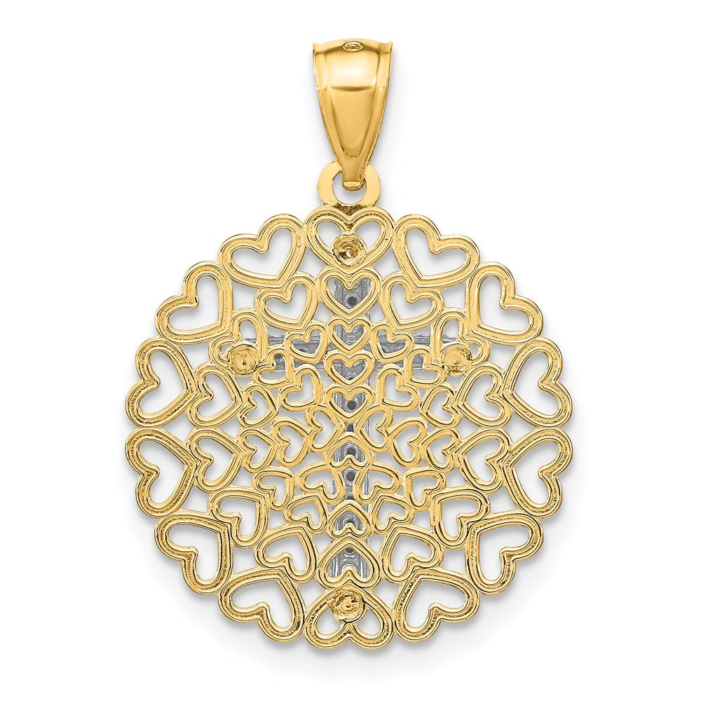 14K Gelb- und Rhodiumgold Anhänger mit diamantiertem Rhodium-Kreuz auf Herzhintergrund