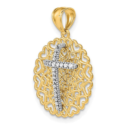 14K Gelb- und Rhodiumgold Anhänger mit diamantiertem Rhodium-Kreuz auf Herzhintergrund