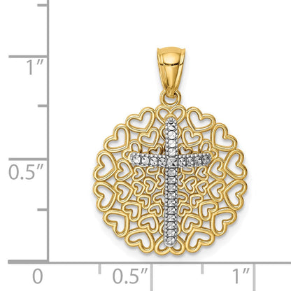 14K Gelb- und Rhodiumgold Anhänger mit diamantiertem Rhodium-Kreuz auf Herzhintergrund