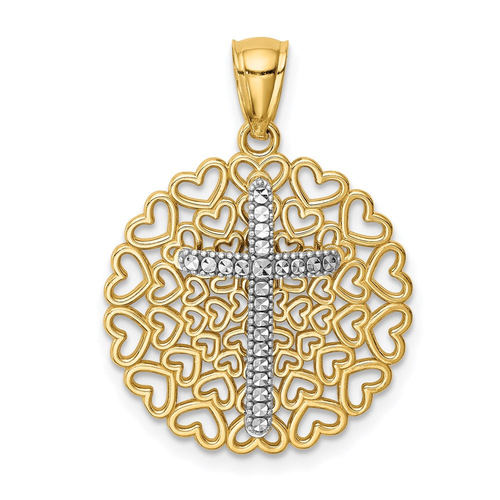 14K Gelb- und Rhodiumgold Anhänger mit diamantiertem Rhodium-Kreuz auf Herzhintergrund