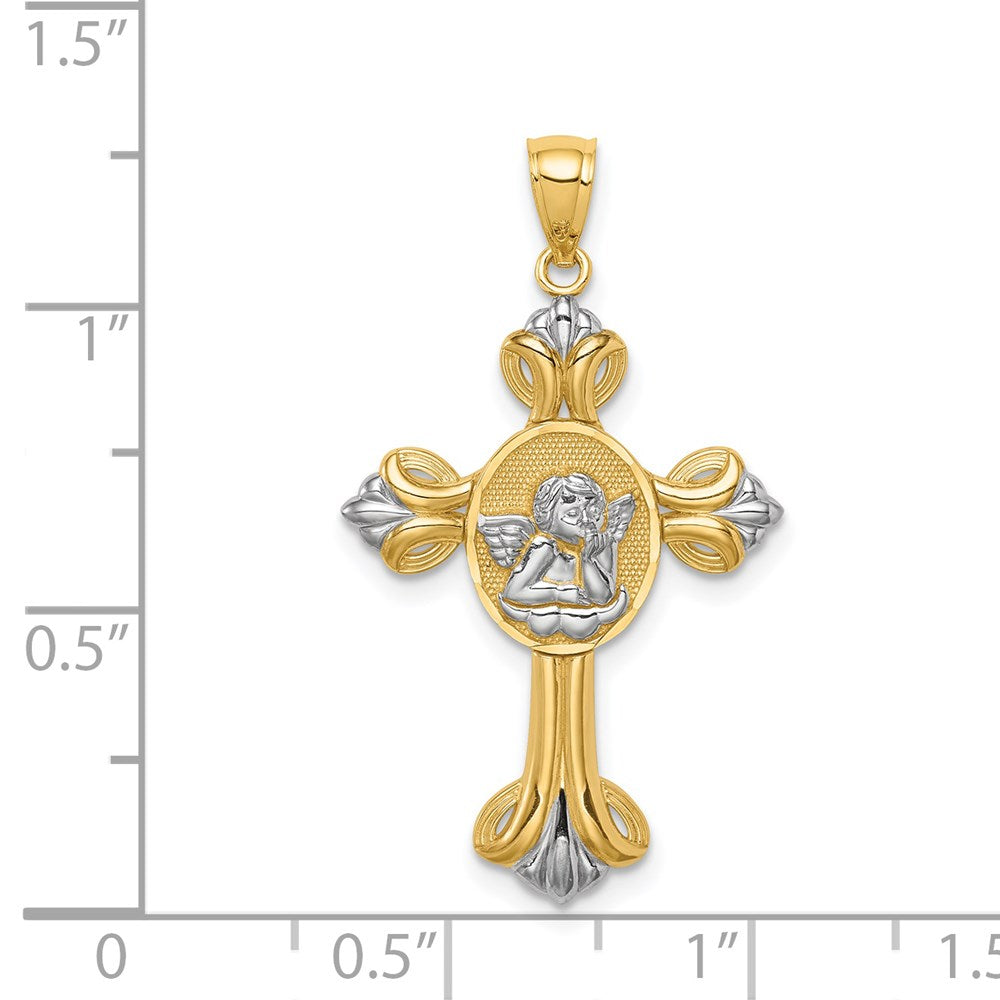 14K Gelb- und Rhodiumgold-Putten-Kreuzanhänger mit Weißrhodium