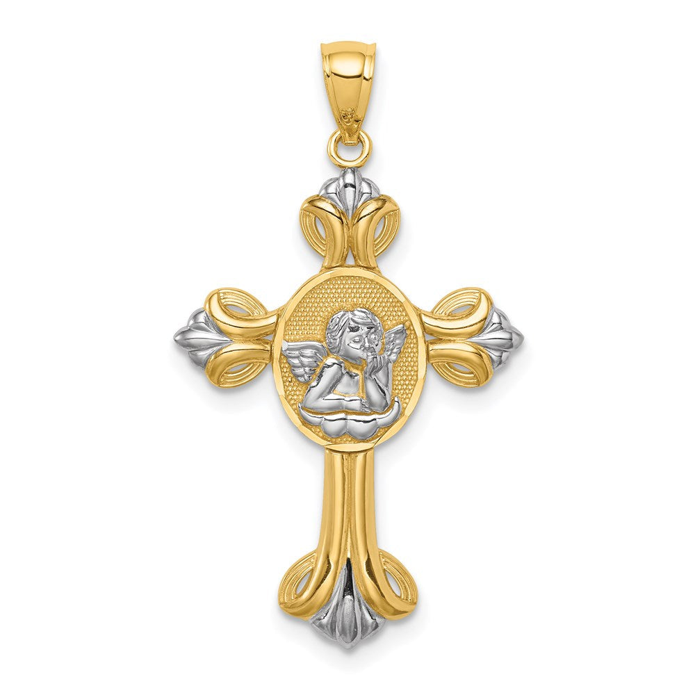 14K Gelb- und Rhodiumgold-Putten-Kreuzanhänger mit Weißrhodium
