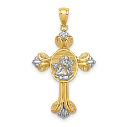 14K Gelb- und Rhodiumgold-Putten-Kreuzanhänger mit Weißrhodium
