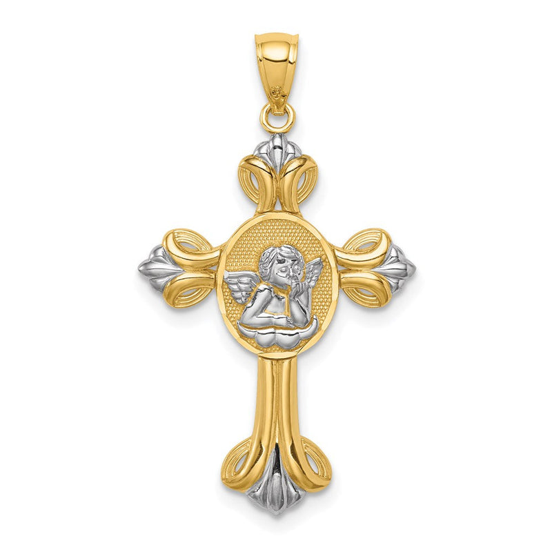 14K Gelb- und Rhodiumgold-Putten-Kreuzanhänger mit Weißrhodium