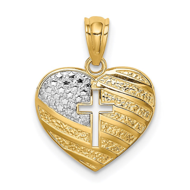 14K Gelb & Rhodium mit Rhodium Us Flag mit Kreuz Herz Anhänger