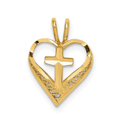 14K Gelbgold Diamantiert Herz mit Kreuz Kette Anhänger
