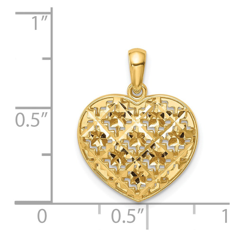 14K Gelbgold Poliert 3-D Gemustertes Gewölbtes Herz-Anhänger