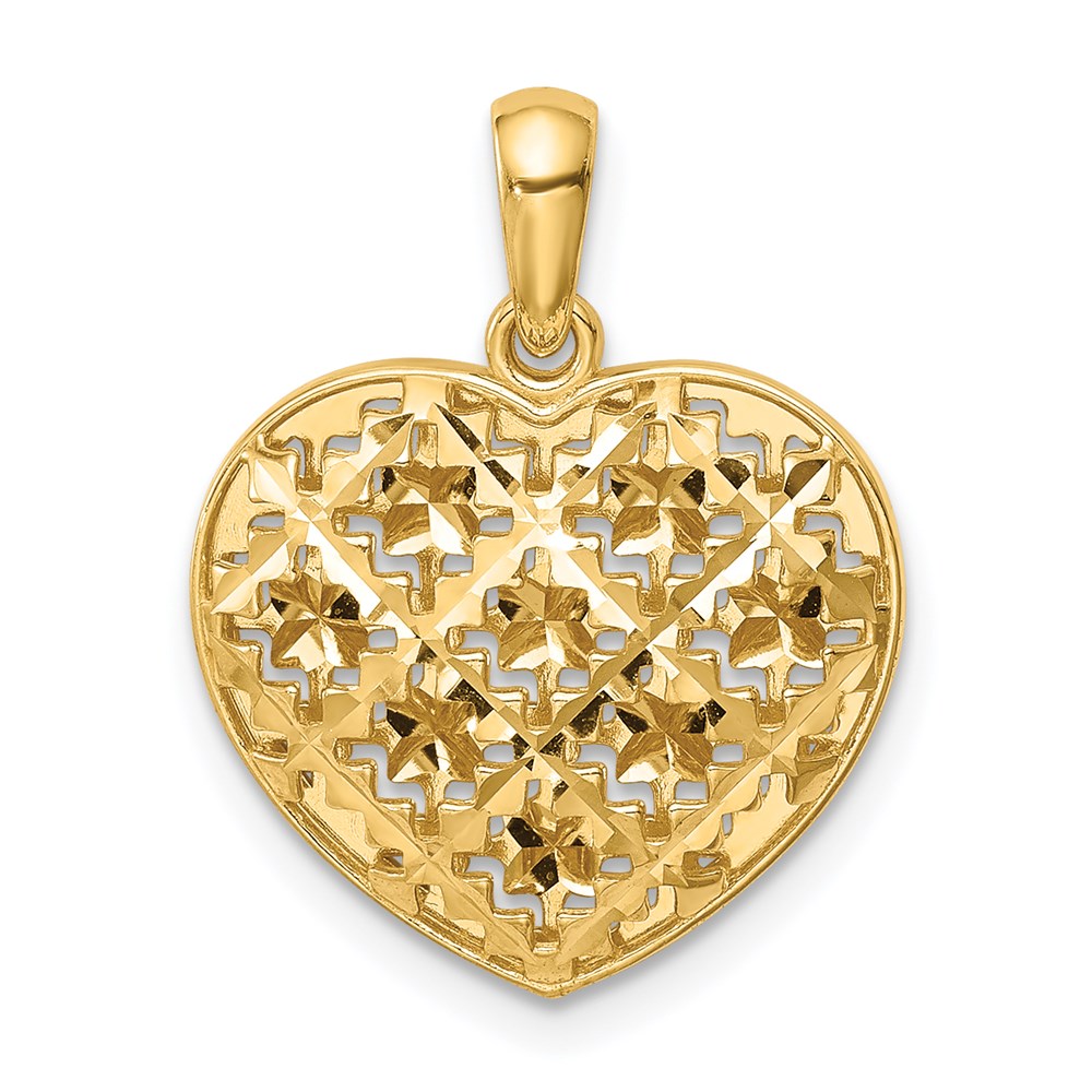14K Gelbgold Poliert 3-D Gemustertes Gewölbtes Herz-Anhänger