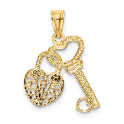 14K Bicolor Poliert Filigran Herz Schloss und Diamantiert Key Charm